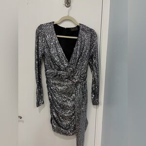 Long Sleeve Silver Sequin Dress